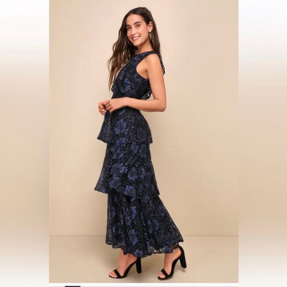 Lulu’s Molinetto Navy Blue Lace Ruffled Tiered Sleeveless Maxi Dress Size Medium